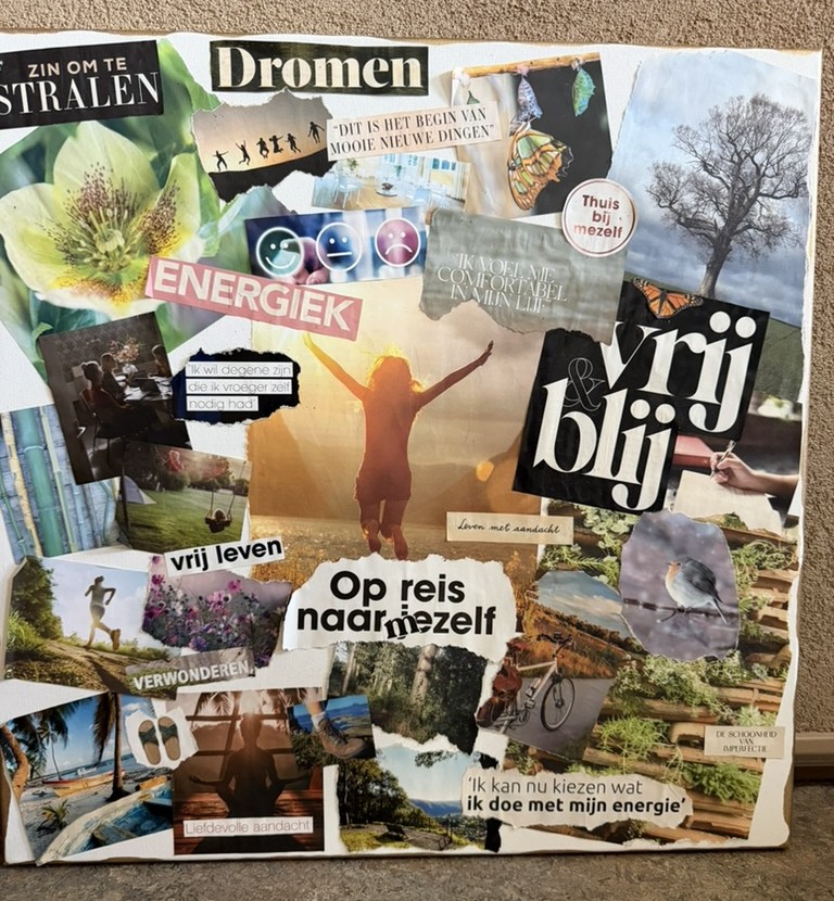 Moodboard met woorden als Dromen, Vrij en blij